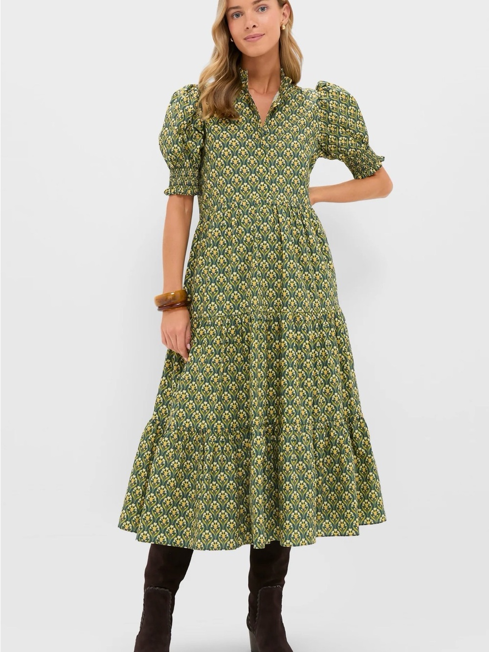 Green Floral Puff-Sleeve Maxi Dress